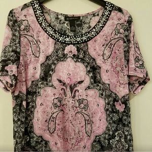 INC plus size, pink and black short sleeve pull over top.